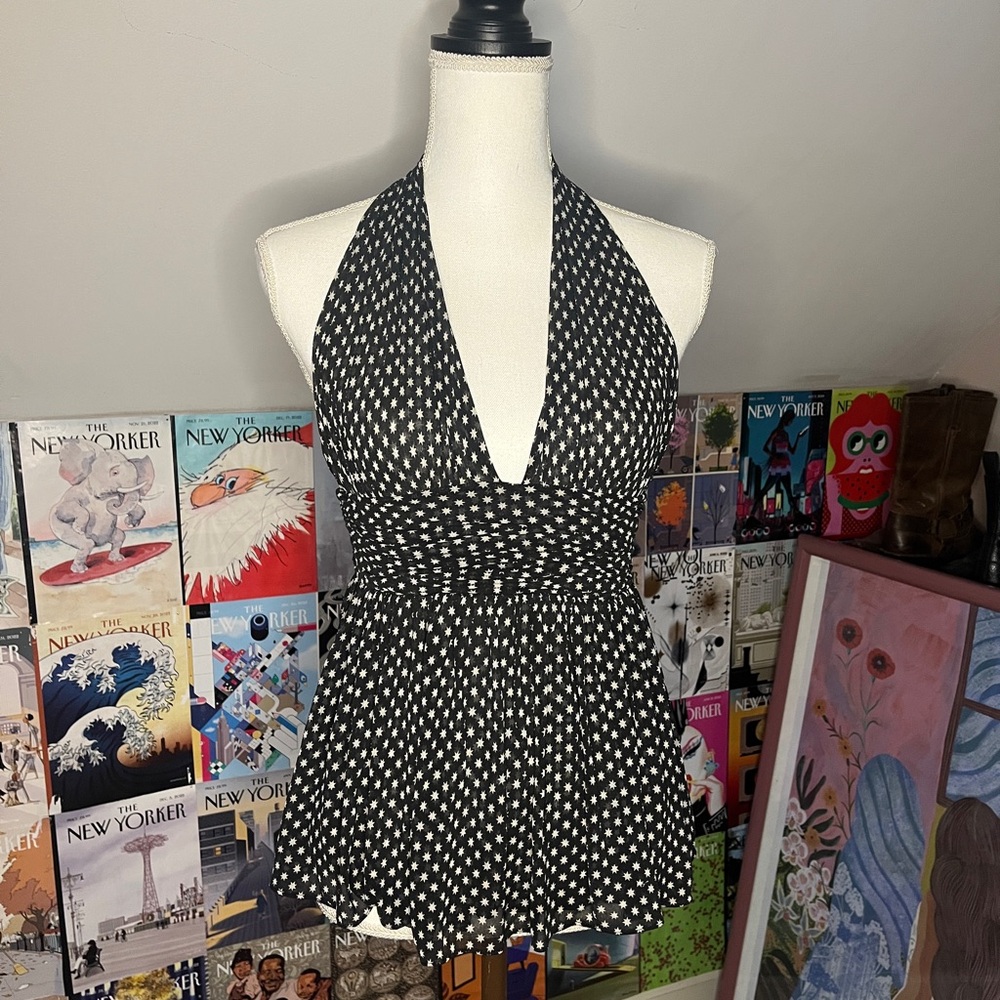 Diane von Furstenberg Navy White Star Print Stretch Sheer Silk Halter Top